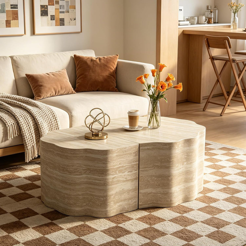 40" Nesting Set Living Room Coffee Tables, Accent Tea Table with Wooden Frame, Center Table Pre-Assembled for Apartment Balcony and Office Spaces, Beige