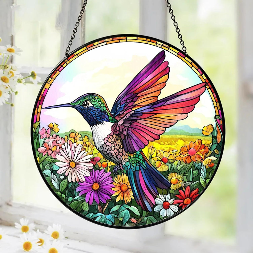 Hummingbird Suncatcher Stained Glass Window Hanging Decor - Hummingbird Gifts for Women, Birds Lovers Spirit Birds Glass Panel Garden Decorations Birthday Christmas for Mom Grandma