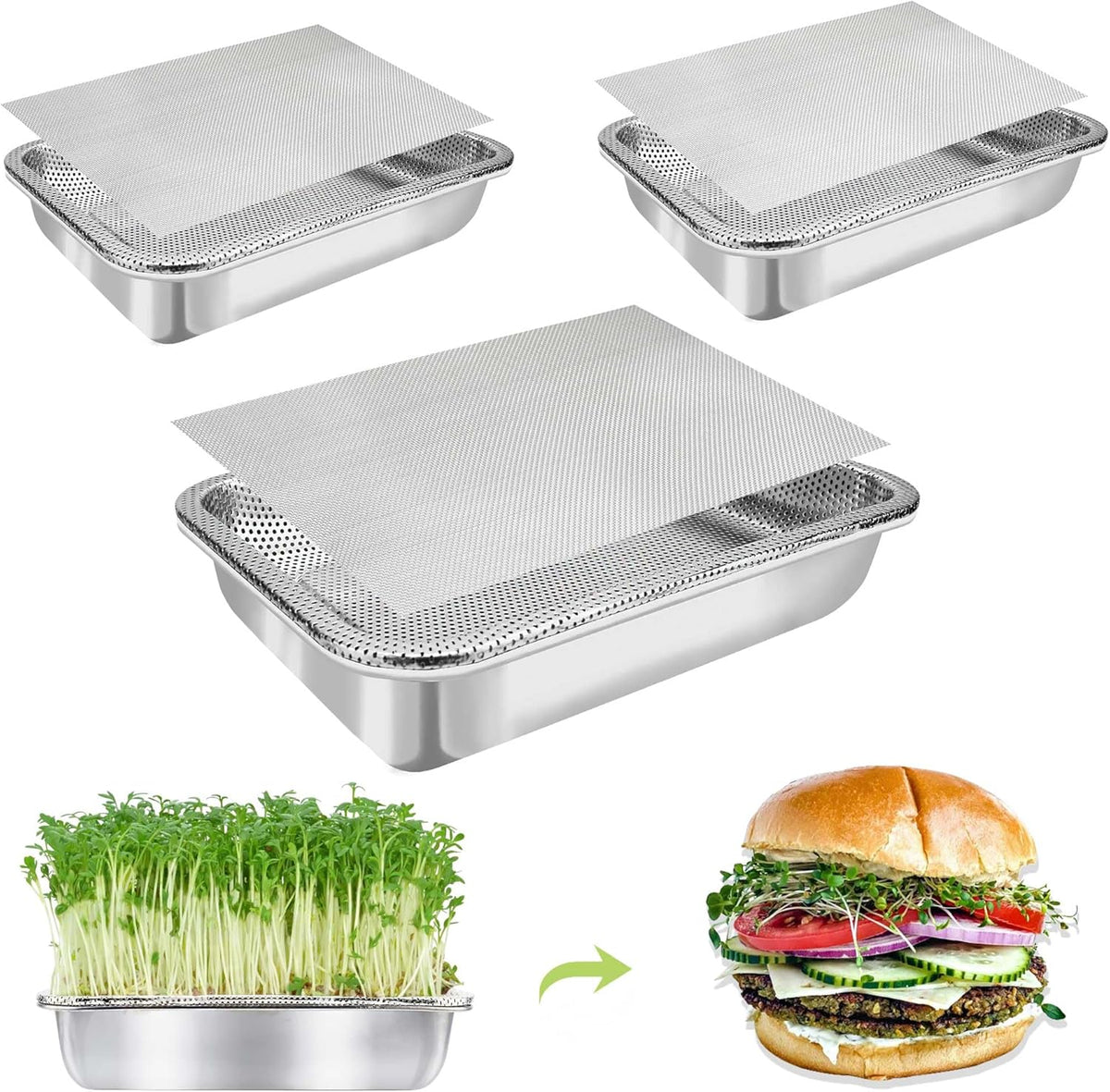Stainless Steel Sprouts Growing Kit 3-Tier 14 inch Trays, Microgreens Growing Kit, Seed Sprouting Tray with Encrypted Mesh Sprouts for Beans Alfalfa Broccoli Wheat Grass