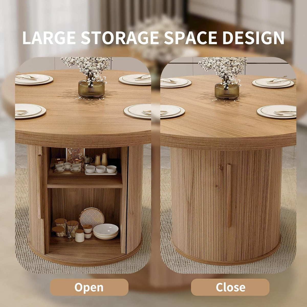 5-Piece Dining Set for Small Spaces 43.3" Round Table & 4 PU Leather Chairs, Modern Farmhouse with Storage Shelf, Apartment Kitchen Easy Assembly (Walnut Color Round Table + 4 U-Shaped Brown Chairs)
