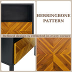 Bme Vivian Solid Wood Nightstand, End Table, Bedside Table with Herringbone Pattern for Rustic Bedroom, Easy Assembly, Rustic Golden Brown and Black