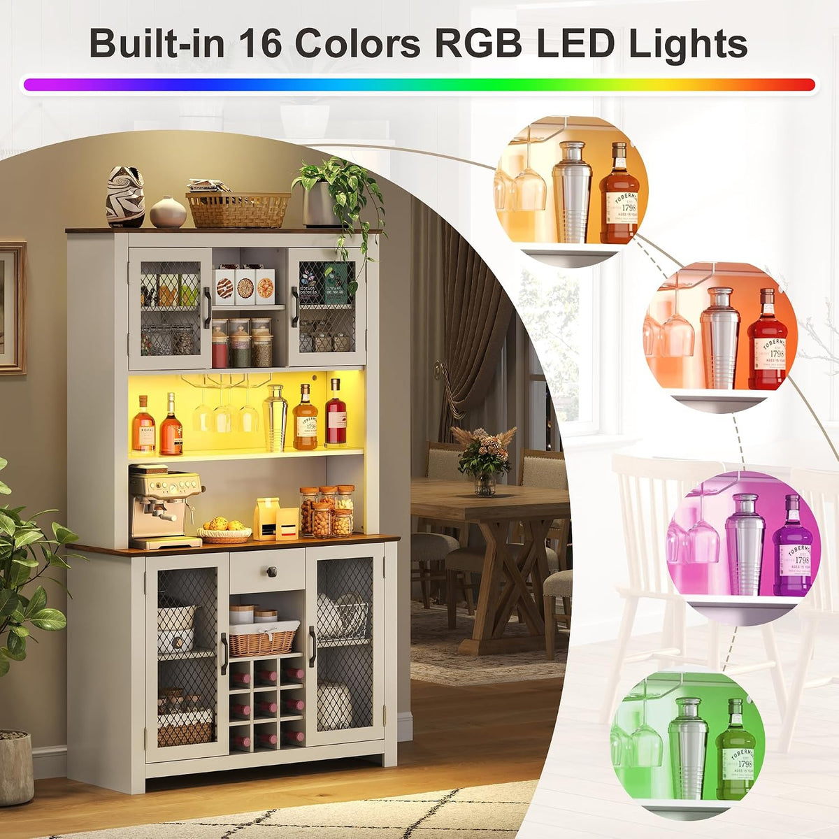 Homy Casa 71" Tall Pantry Cabinet with Hutch 47.1" Wide Buffet Sideboard with Wine Rack Glass Holders Drawer LED Lights and Charging Station for Kitchen Dining Room and Living Room