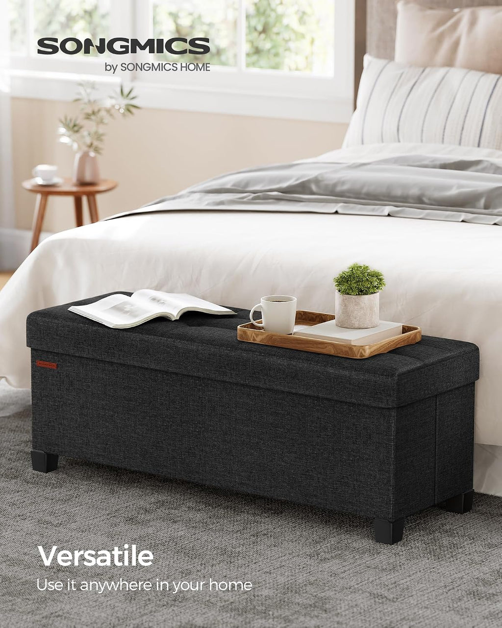 SONGMICS Storage Ottoman Bench, Foldable Foot Rest with Legs, 15 x 43 x 15.7 Inches, End of Bed Bench, Storage Chest, Load up to 660 lb, for Living Room, Bedroom, Entryway, Ink Black ULSF018B01