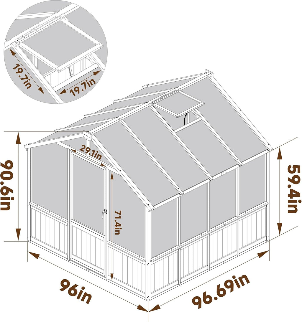 8x8 FT Greenhouse Kit for Outdoor, 6MM Thick Polycarbonate Panel Wooden Walk-in Green House with Lockable Door and Adjustable Roof Vent, Backyard Garden, Light Mocha Brown