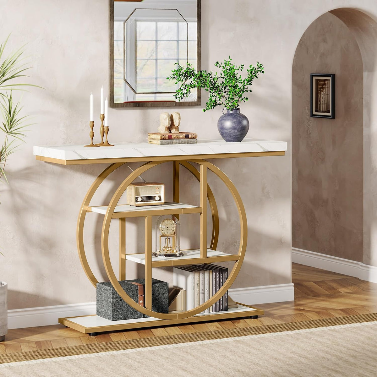 Tribesigns 41.3" Console Table, Industrial 4-Tier Sofa Entryway Table with Circle Base, Narrow Wood Accent Tables with Storage Shelves for Living Room, Hallway, Foyer, White Gold
