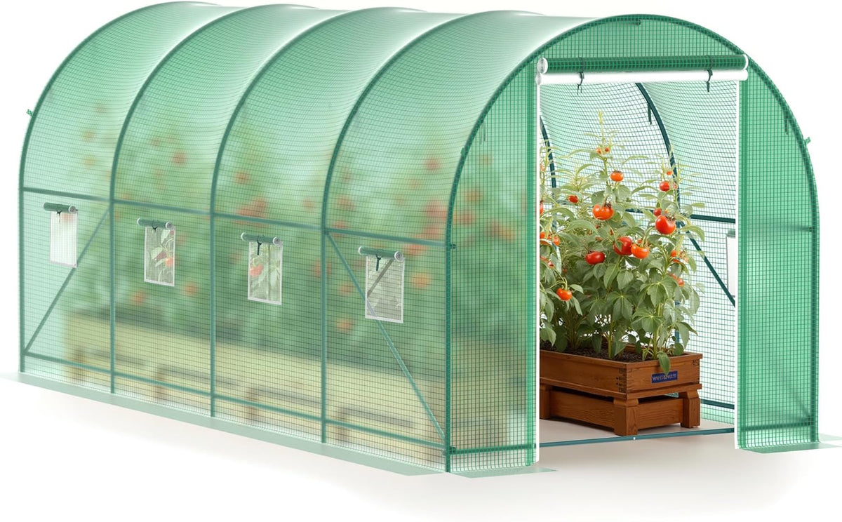 Greenhouse, 15’x7’x7’ Walk-in Greenhouse Heavy Duty Tunnel Green House with 6 Ventilated Mesh Windows & Zippered Roll-up Door, Large Plant Garden Hot House Outdoor with Reinforced Frame