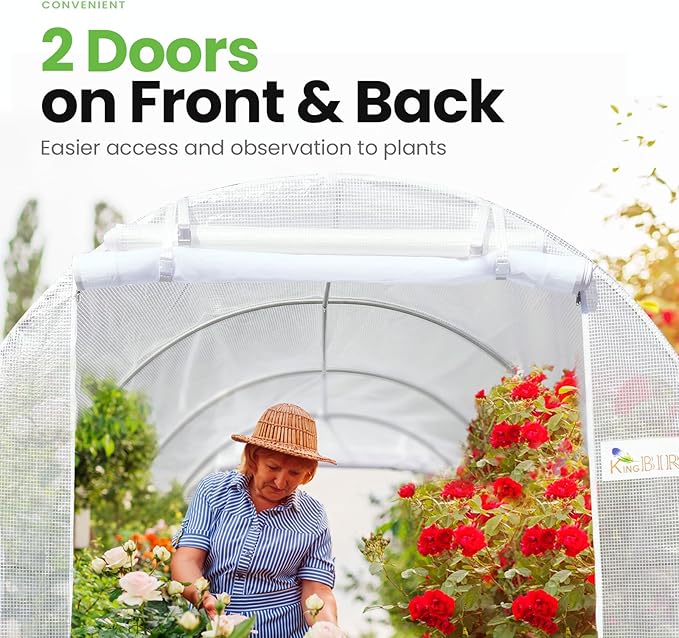 KING BIRD Premium 10x6.6x6.6FT Greenhouse for Outdoors, Large Walk-in Heavy Duty Galvanized Steel Frame, Mesh Door Screen Window Upgraded Zipper Tunnel Hoop for Garden Plant Winter, White