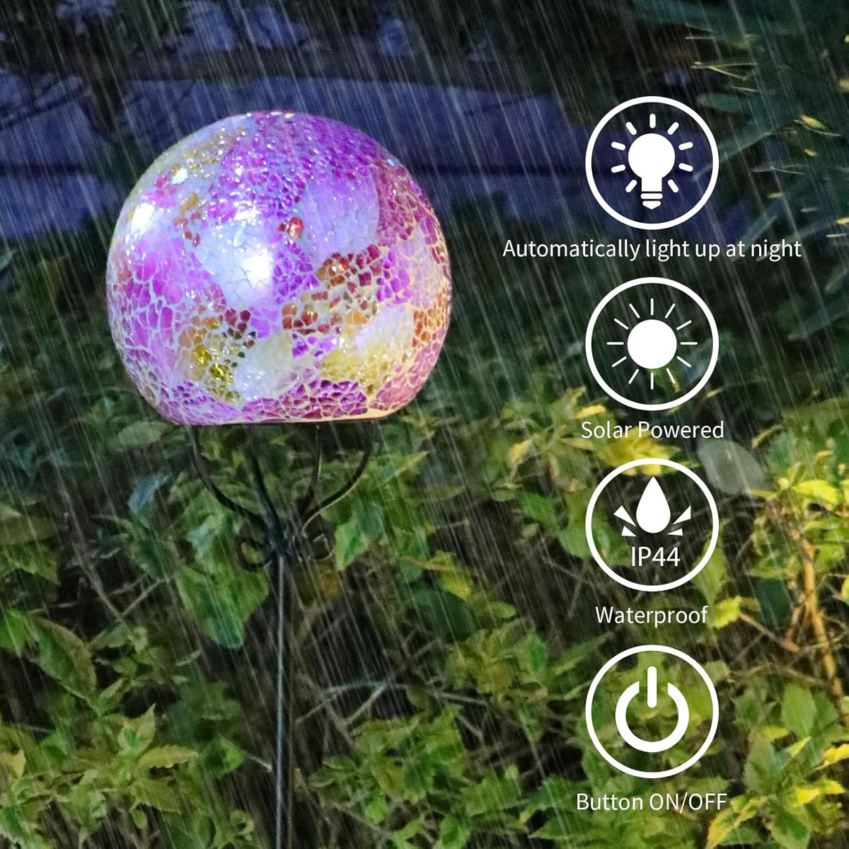VCUTEKA Solar Outdoor Lights Garden Decor Mosaic Solar Garden Lights Waterproof Glass Ball LED Pathway Stake Light for Landscape Lawn Patio Yard Decoration 6 inch, Pink