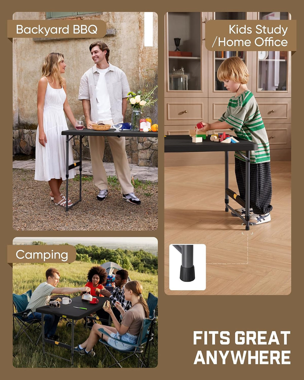FanttikOutdoor Folding Table 4 Foot Quick Adjust Portable Plastic 4 Heights | Effortless Adjustable Height Small Card Table, Fixing Lock, Indoor Outdoor Use for Party Camping, 1 Pack Black Zeta X4 Pro