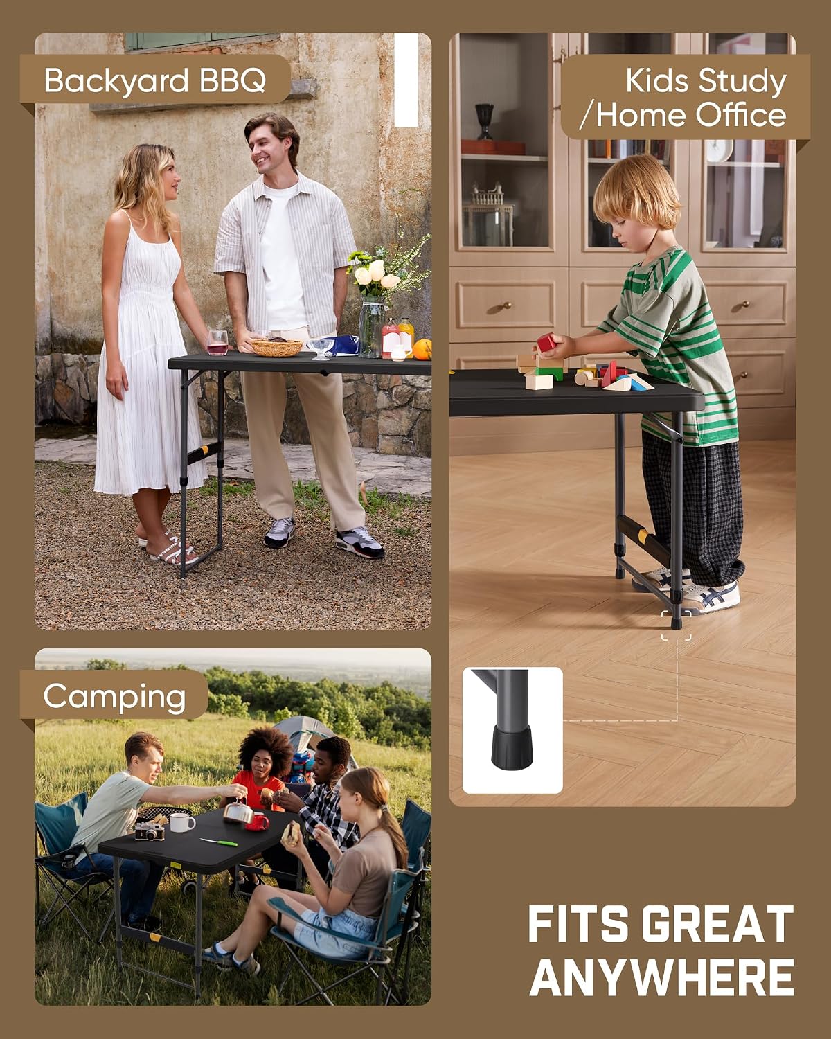 FanttikOutdoor Folding Table 4 Foot Quick Adjust Portable Plastic 4 Heights | Effortless Adjustable Height Small Card Table, Fixing Lock, Indoor Outdoor Use for Party Camping, 1 Pack Black Zeta X4 Pro