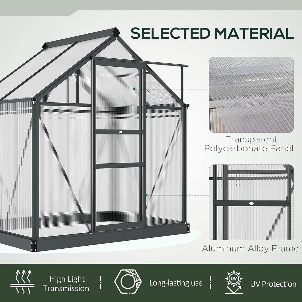 Outsunny 6' x 4' Greenhouse for Outdoors, Polycarbonate Greenhouse with Rain Gutter and Roof Vent, Aluminum Walk-in Green Houses for Outside for Patio Backyard Garden, Gray