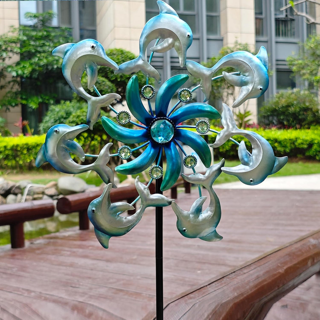 39" Dolphin Wind Spinners Metal Windmill Garden Stake,Ocean Theme Outdoor Wind Spinner,Wind Sculptures Yard Art Decorations for Patio,Lawn & Garden Decor