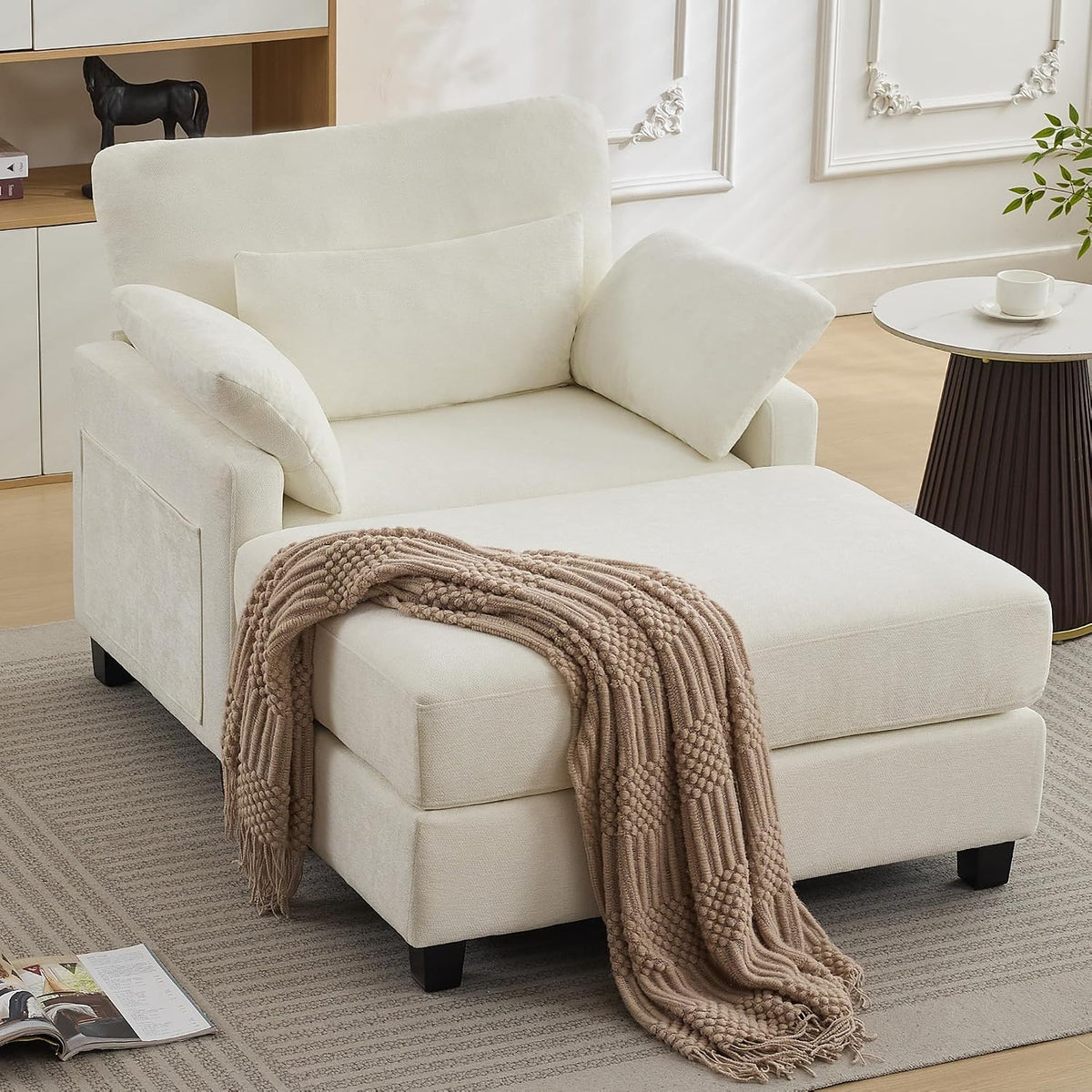 WUTUTUEE 57.5" Oversized Chaise Lounge with Ottoman Indoor, White Reading Chair with Ottoman & Sofa Bed, Chenille Upholstered Comfy Sleeper Chair for Living Room, Bedroom, Office