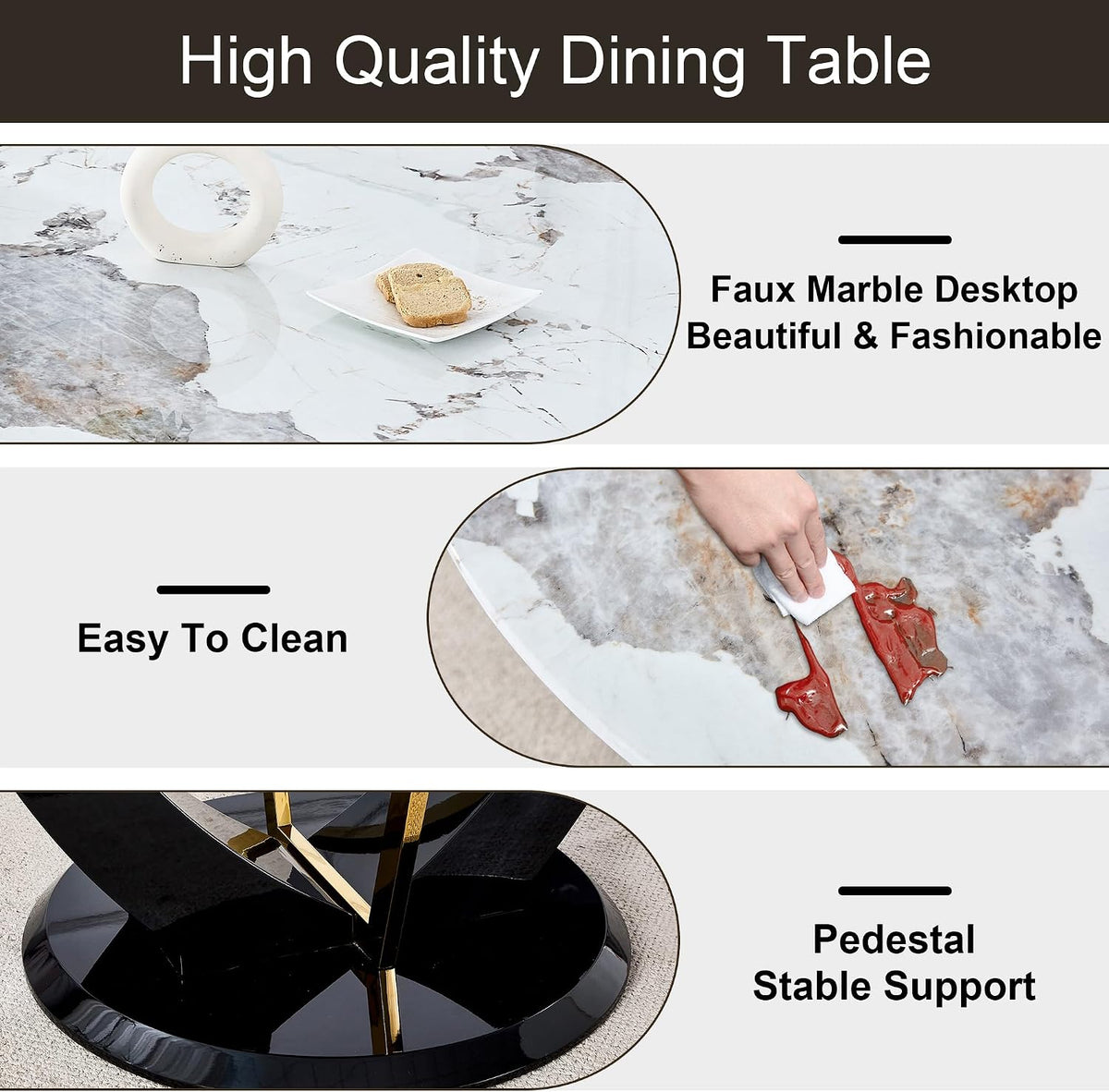 48 Inch Round Dining Table for 4-6, Modern Circle Dining Table with Black & Gold Metal Pedestal Base, Faux Marble Round Kitchen Table, 300 LBS Capacity