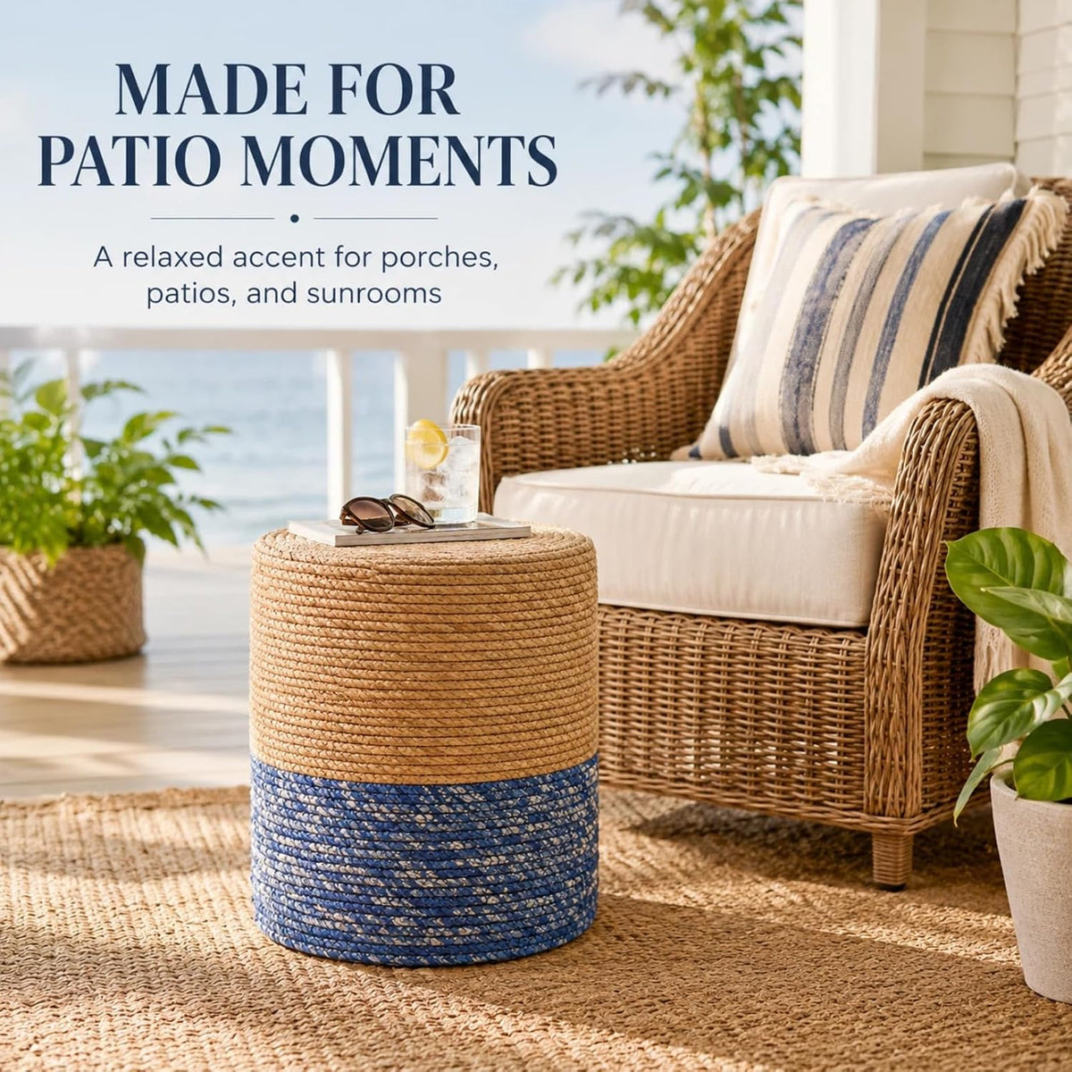 Wimarsbon Natural Seagrass Foot Stool, Hand Weaving Round Ottoman, for Living Room, Outdoor Seat (Natural & Blue)