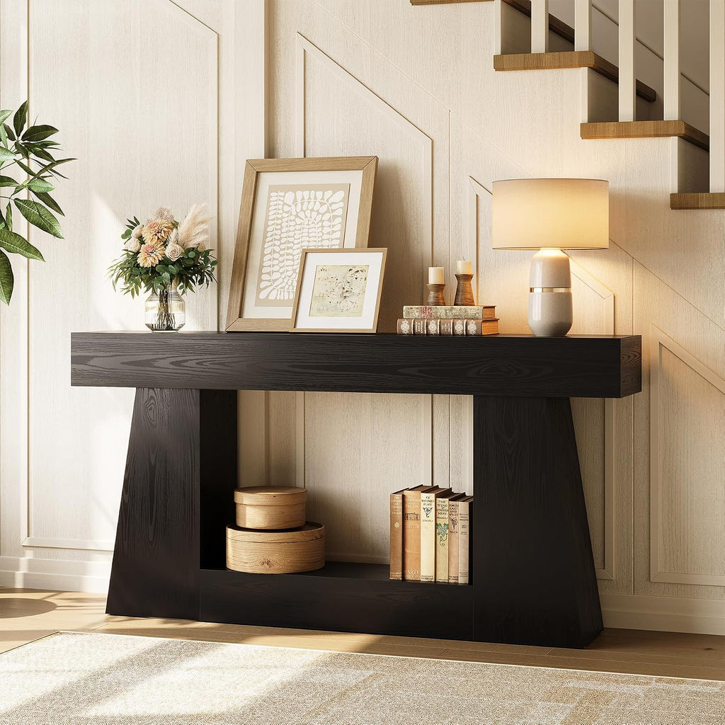 LITTLE TREE 63" Farmhouse Console Table with Storage, Rustic Sofa Table for Entryway, Narrow Long Sofa Table Behind Couch, Console Table for Living Room, Hallway—Versatile Storage Solution, Black