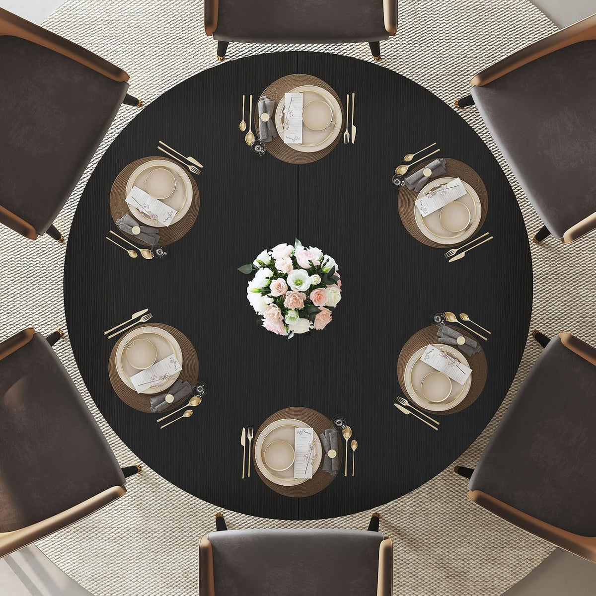 IBF Black Round Dining Table for 4-6, 47" Kitchen Table with Fridge Space, Modern Dining Room Tables with Storage, Industrial Wood Dinner Tables for Home Kitchen Living Room, Black Oak, Only Table