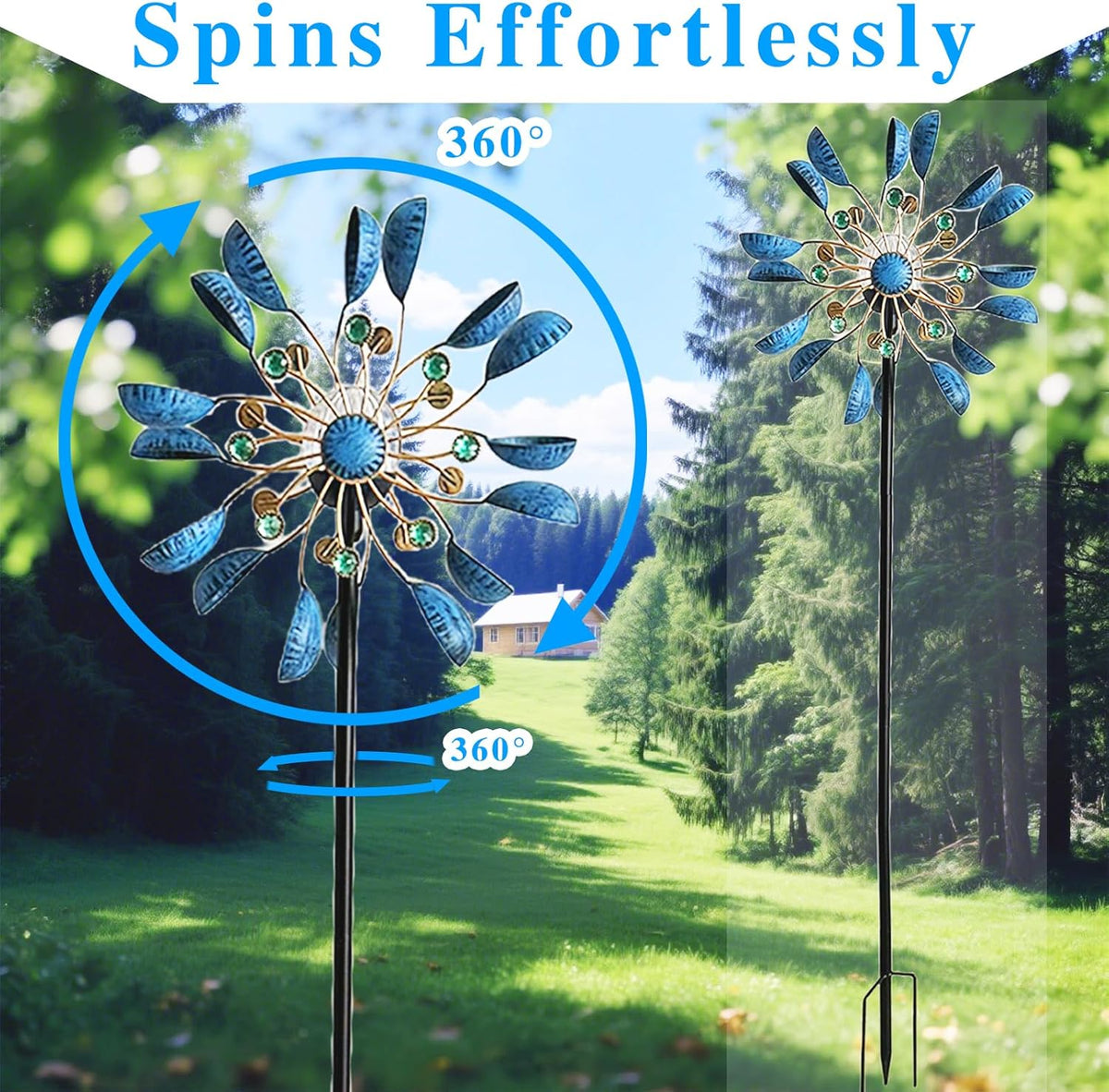 NUENUN Wind Spinner Outdoor Metal - Multi-Color Seasonal LED Lighting Solar Powered Glass Ball with Kinetic Wind Spinner Dual Direction for Patio Lawn & Garden (Blue with Light)