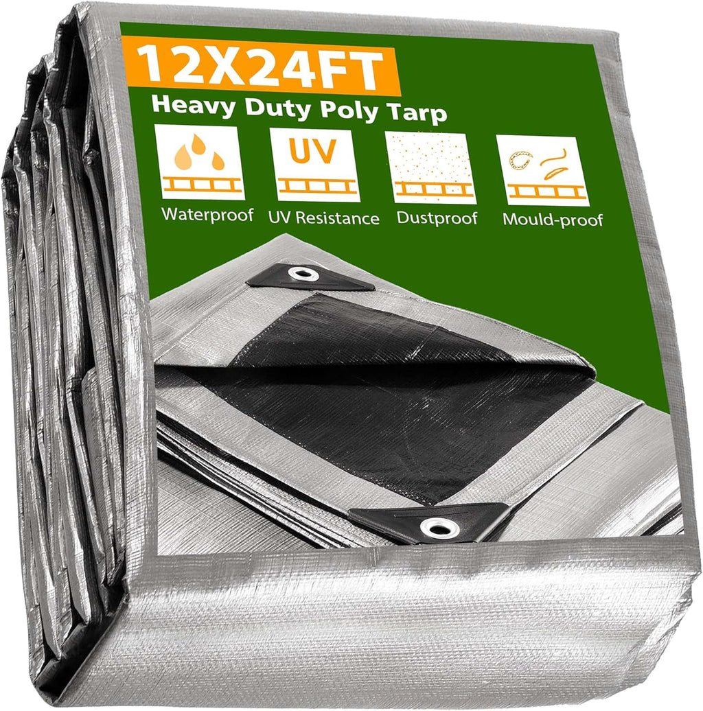 Yescom 12x24 Ft 14 Mil Heavy Duty Reinforced Poly Tarp Reversible Waterproof Tarpaulin Ground Sheet Cover Reversible Silver Black Tarps