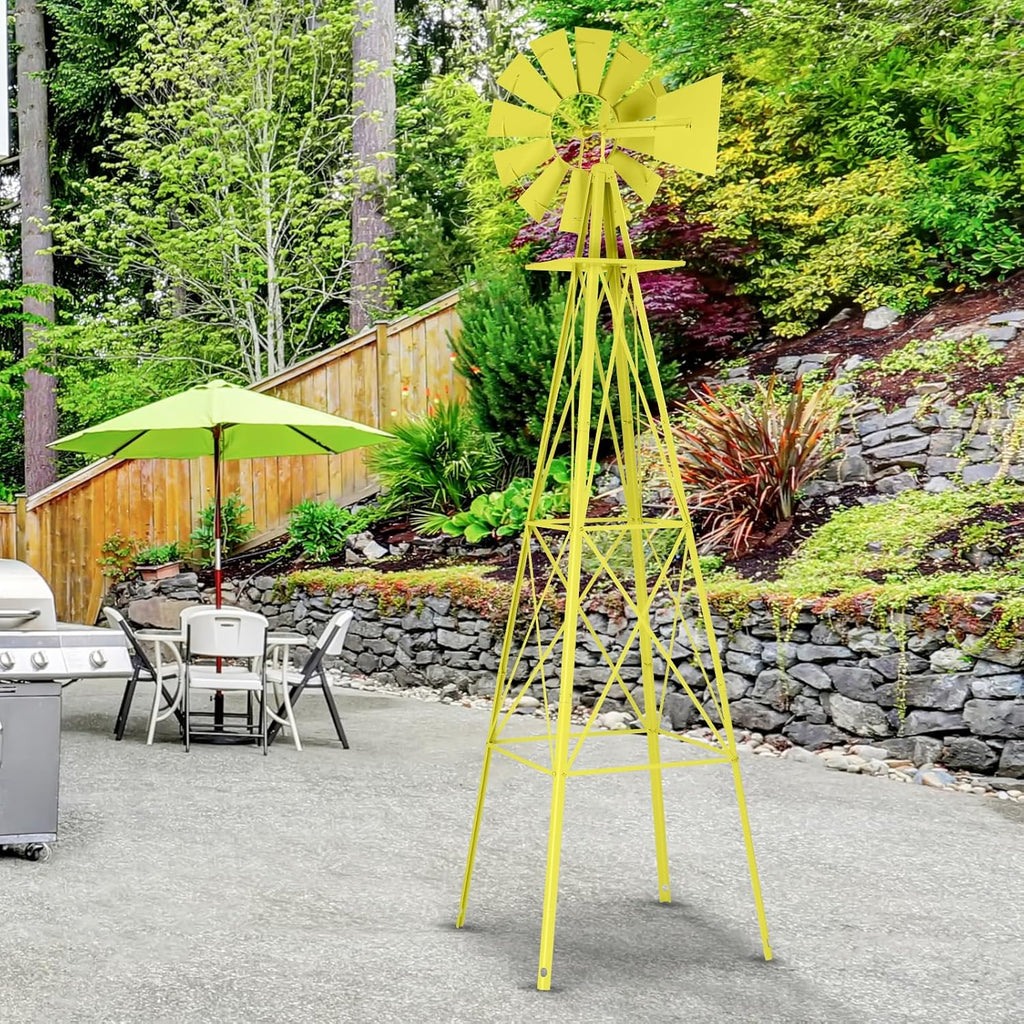 Garden Windmill for Yard Decor, 8 ft Tall Metal Windmill with Spinning Blades, Weather-Resistant Outdoor Windmill for Lawn, Farmhouse, Rustic & Farm Decor,Yellow