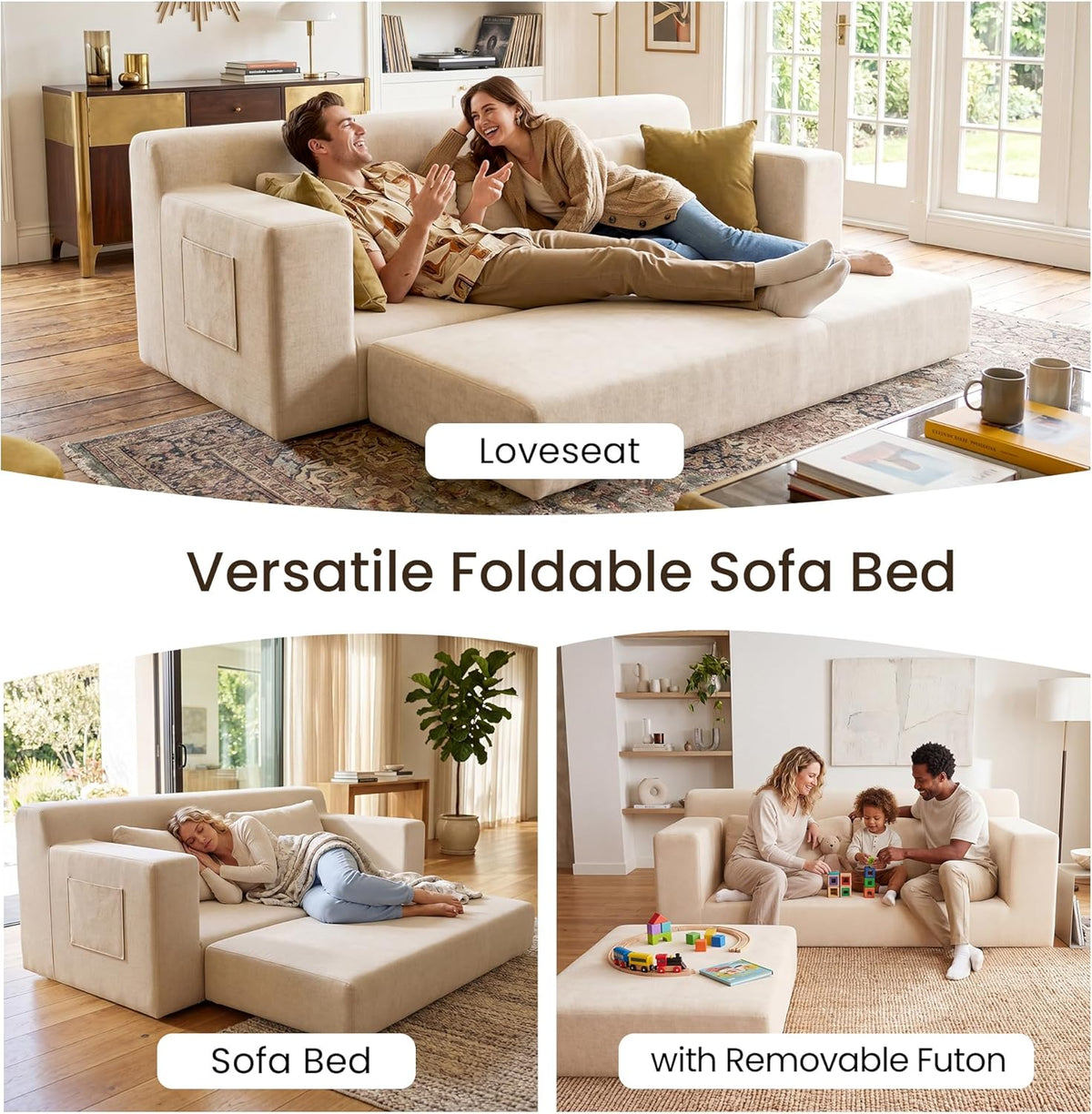 GRUSIGN 71" Loveseat Couch,Chenille Pullout Futon Couch,4 in 1 Folding 3 Seater Sofa Bed for Living Room, Cloud Couch with Storage Pocket & 2 Pillows,Beige