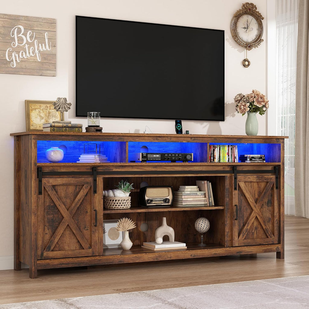 70" LED Farmhouse TV Stand for 80/75/70 Inch TVs,Tall Entertainment Center Storage Cabinets w/Power Outlets and Sliding Barn Door,Rustic TV Stands for Living Room,Media Console Cabinet (Brown)