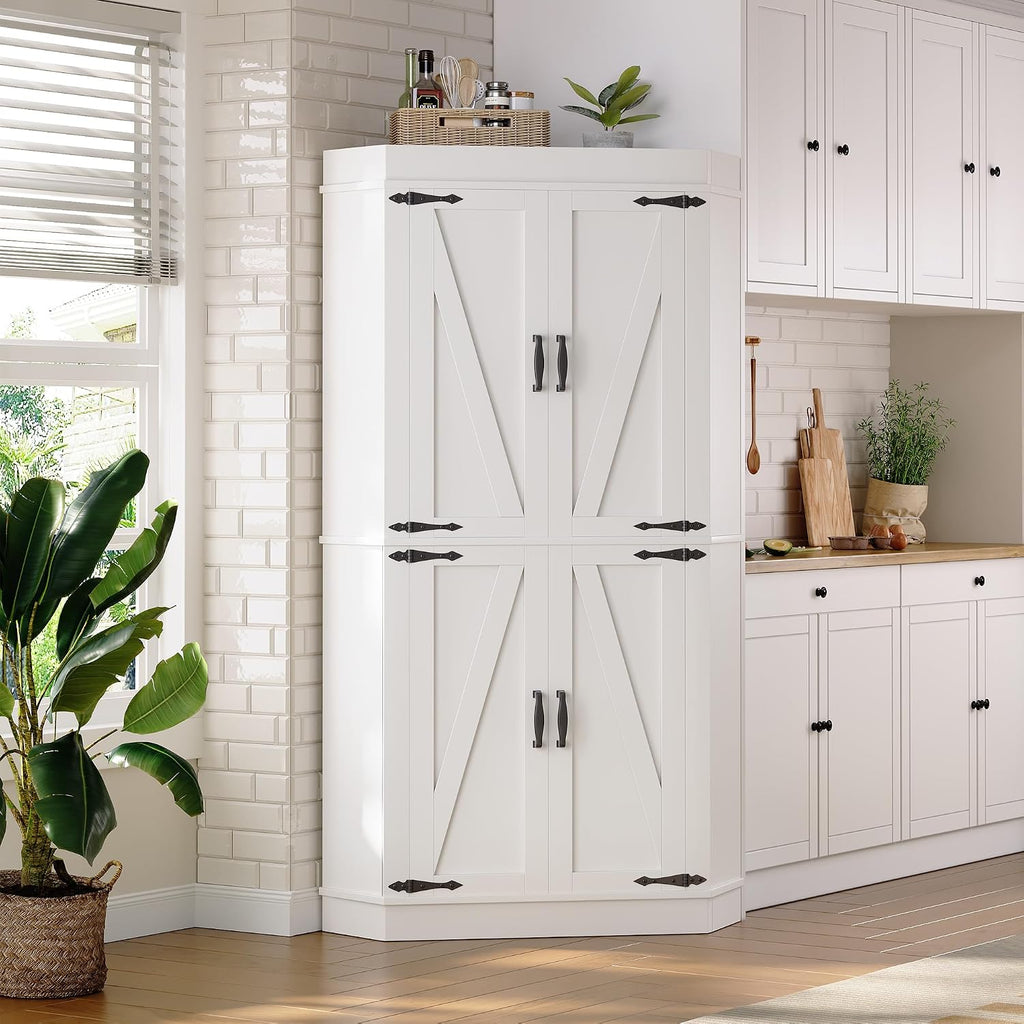 Corner Cabinet,71'' Kitchen Pantry Storage Cabinet with 4 Doors and Shelves, Tall Food Pantry Storage Cabinet Farmhouse Furniture for Kitchen Dining Room, White