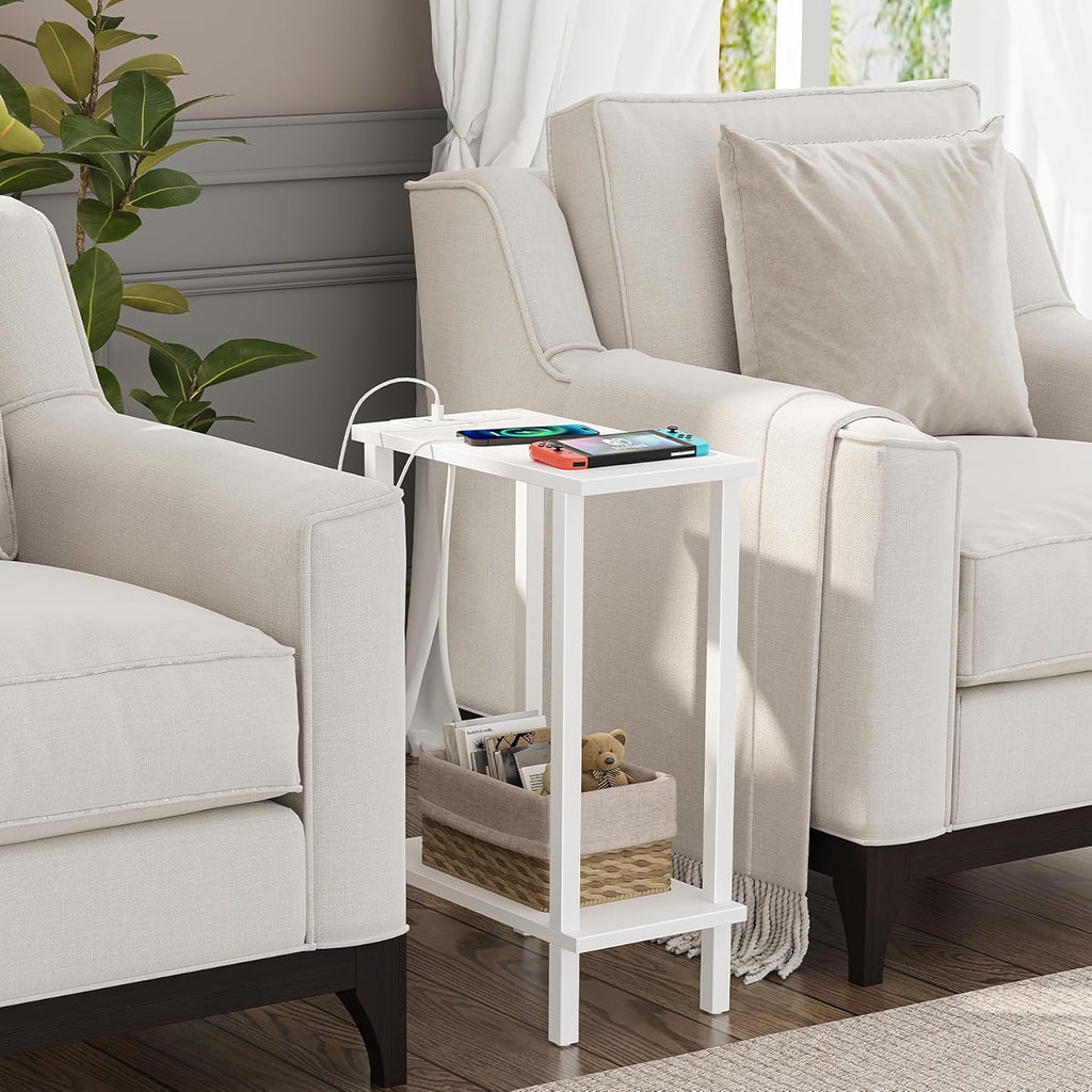 TUTOTAK Small End Table with Charging Station, Narrow Side Table with USB Ports and Outlets, Skinny Sofa Table, Slim Nightstand, Living Room, Bed Room, White TB01BW060