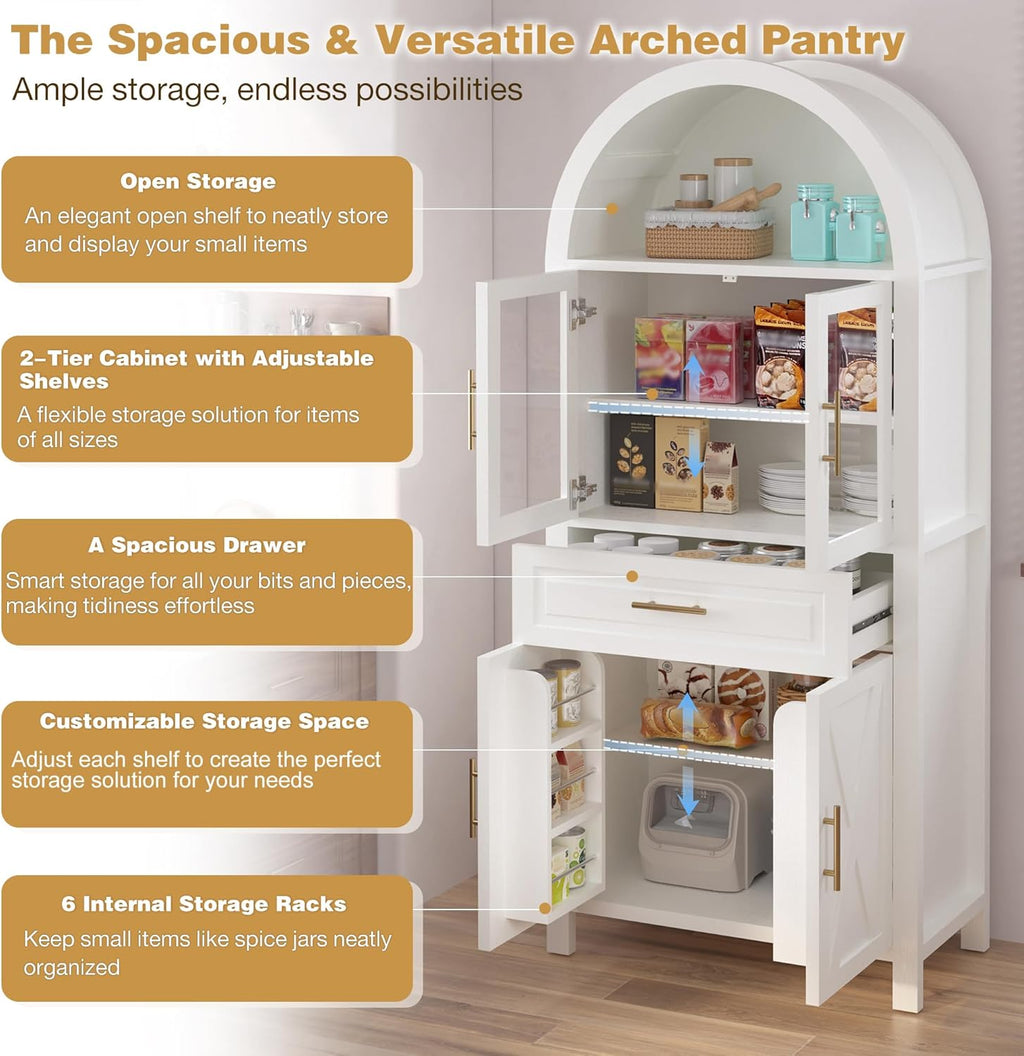 SOFTSEA Arched Kitchen Pantry Cabinet with Glass Door, 71" Tall Cupboard Cabinet with Adjustable Shelves & Barn Door, Farmhouse Kitchen Hutch with Drawer for Dining Room, White