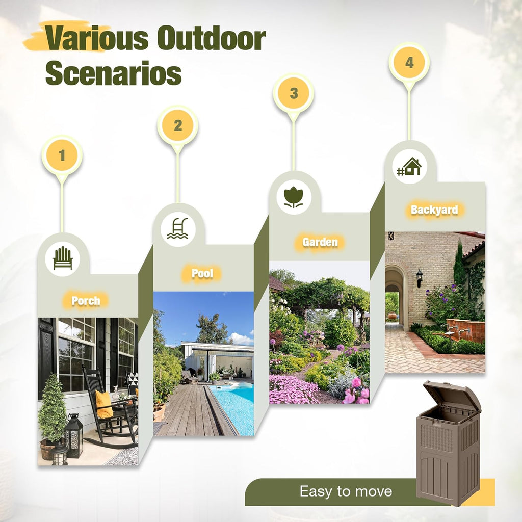 Devoko 33 Gallon Outdoor Trash Can with Dual Lid, Heavy Duty Waterproof Resin Garbage Bins Outside, Hideaway Waste Bins for Patio, Outside Pool, Backyard and Deck (2, Brown)