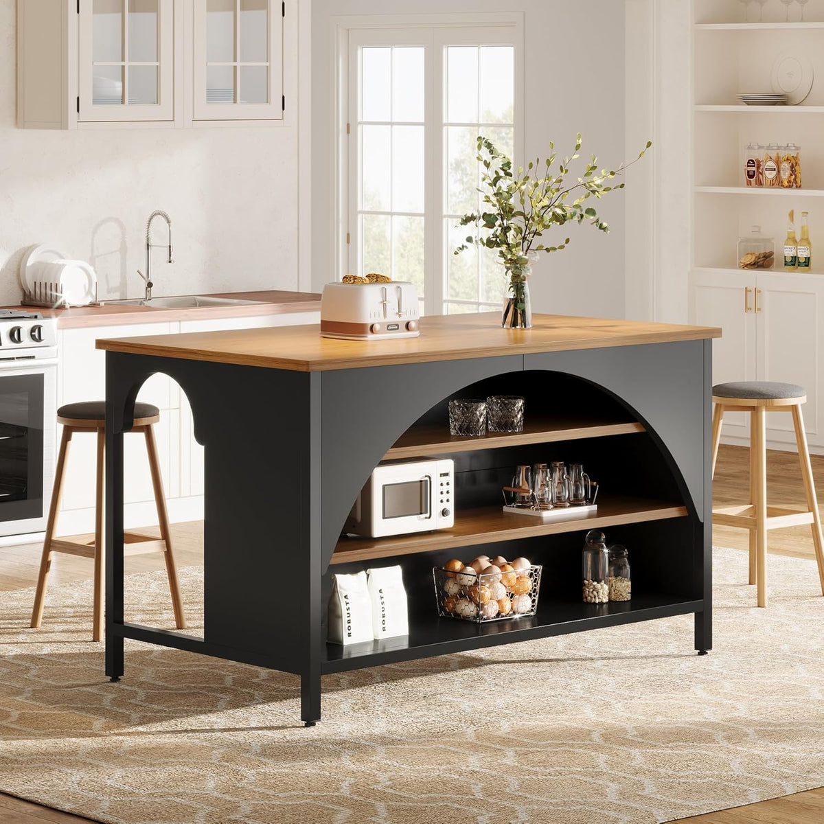 Tribesigns Kitchen Island with 3 Storage Shelves, 55" W Kitchen Shelf with Large Countertop and Seating Area, Modern Wooden Coffee Bar Table (Black)