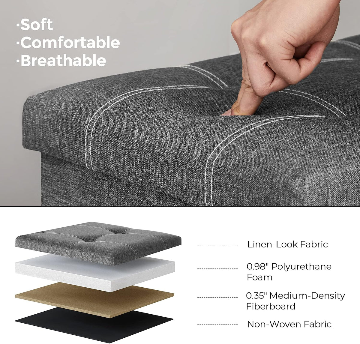 SONGMICS Mazie Collection - 30 Inches Ottoman Storage Bench, 21 Gal. Folding Chest with Breathable Linen-Look Fabric, Load up to 660 lb, for Entryway, Living Room, Bedroom, Dark Gray ULSF001G01