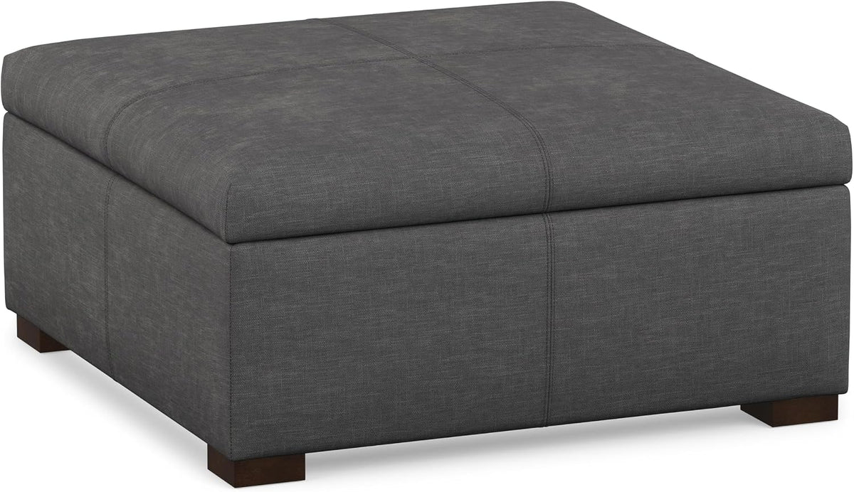 SIMPLIHOME Gabbie 36" Wide Linen Look Fabric Storage Ottoman in Slate Grey | Contemporary ottoman with lift-top storage; rectangle storage bench for living room, bedroom, and entryway.