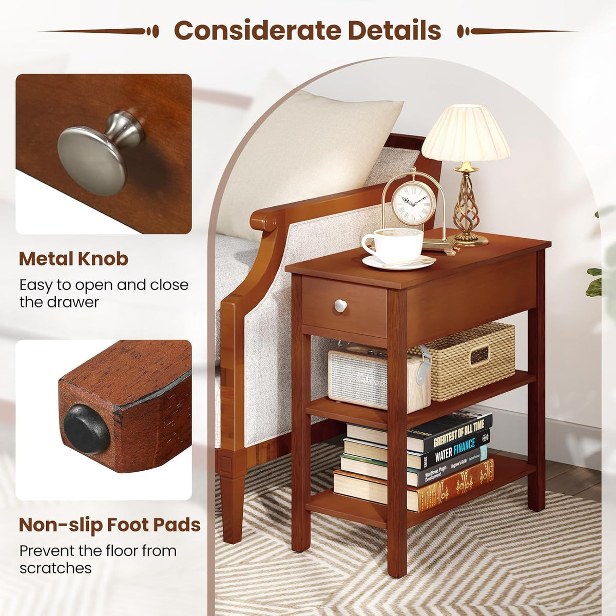 Giantex Narrow End Table Set of 2, Farmhouse Side Tables with Drawer & Storage Shelves, Wood Sofa Side Tables, 3-Tier Nightstands for Small Space, Living Room, Bedroom, 23.5"L x 12"W x 24.5"H, Brown