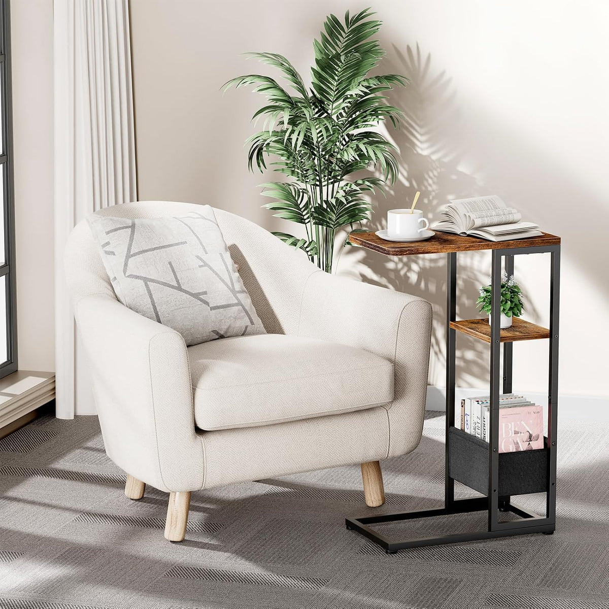 C Shaped End Table, Small Side Table for Couch, Recliner, Slide Under Sofa Tray Desk Snack Tables with Storage Bag for Living Room,Bedroom, Small Spaces - Rustic Brown