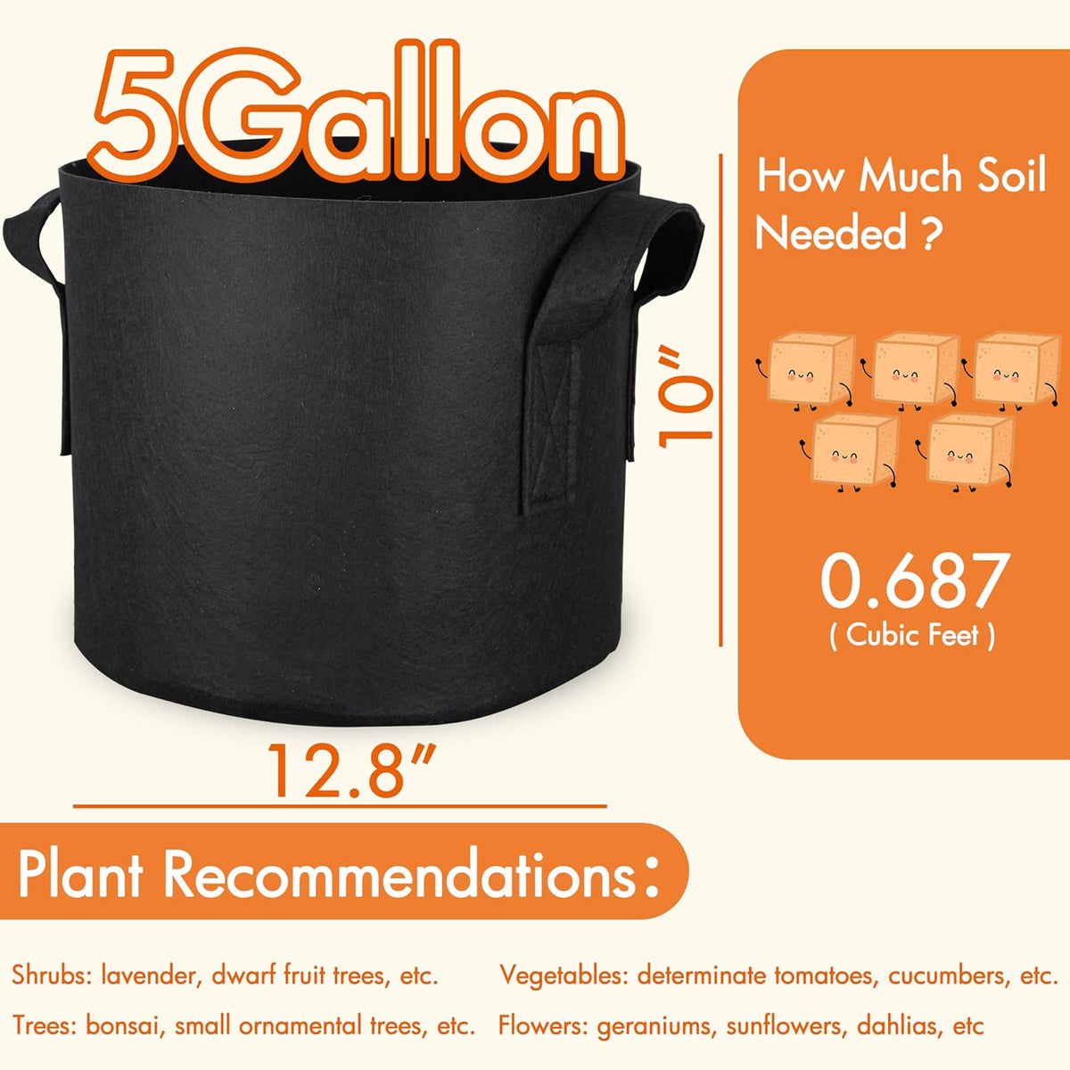 Gardzen 10-Pack 5 Gallon Grow Bags, 300G Thickened Aeration Fabric Pots with Handles, Heavy Duty Cloth Pots for Plants