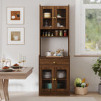 71 Inch Kitchen Hutch Storage Cabinet with Countertop, Farmhouse Coffee Hutch Cabinet Bar with Storage, Buffet Hutches and Cabinets with Microwave Stand | Glass Door for Dining Room