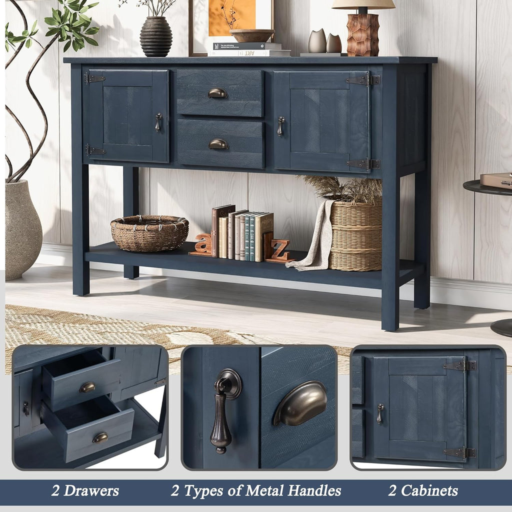 LKTART Solid Wood Farmhouse Console Table,Sofa Table with Storage Drawers and Shelves,Entryway Table for Entry Hallway Foyer Sofa Side Table,EasyAssembled (48" Navy Blue)
