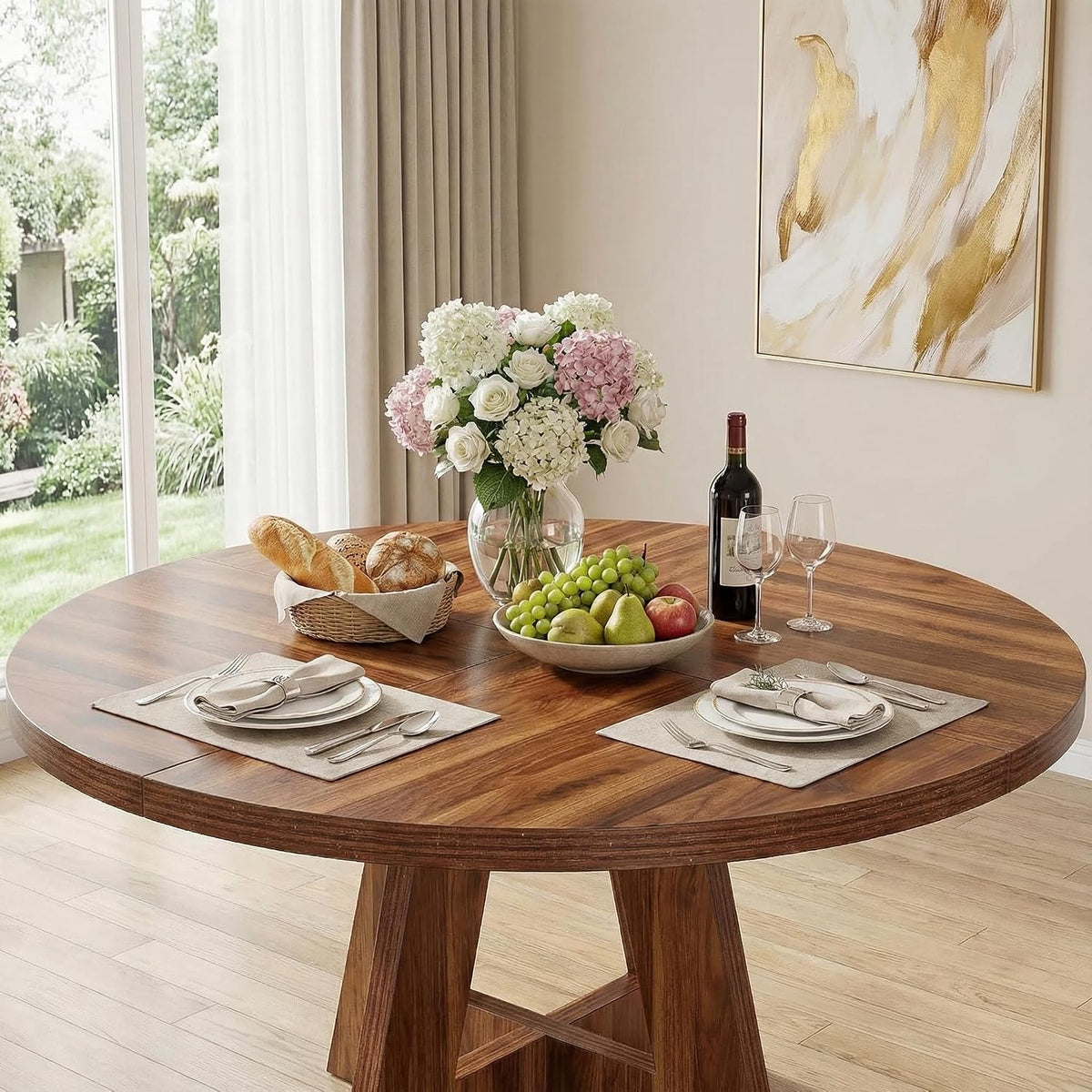 Lailang 47 Inch Dining Table, Round Kitchen Table, Dining Room Table for 4, Rustic Wood Dinner Table, Small Apartment Dining Table, Modern Kitchen Table, 47 x 47 x 30 Inch, Brown