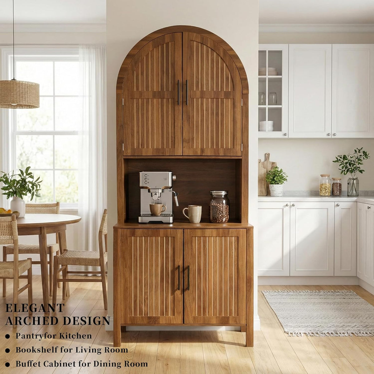 76" Tall Arched Kitchen Pantry, Large Kitchen Storage Cabinet with Fluted Doors and Microwave Stand, Modern Wood Buffet Sideboard, Adjustable Shelves, Cupboard for Dining Room, Living Room, Walnut