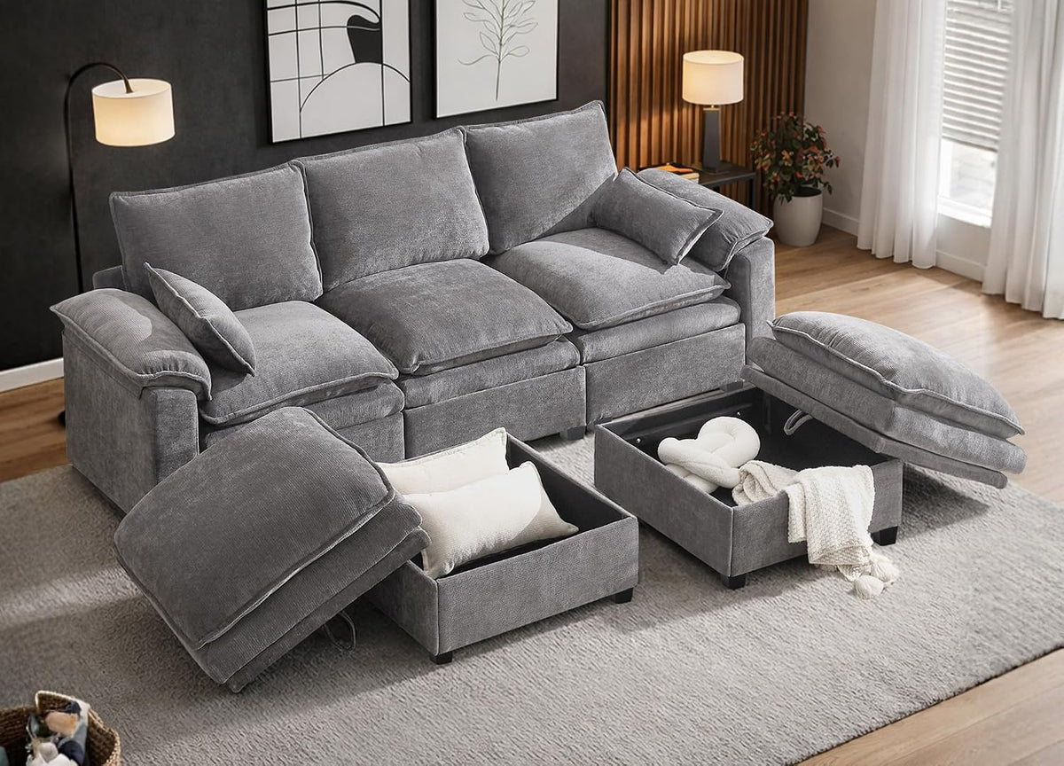 110" Modular Sectional Sofa with Storage, Premium Chenille Cloud Couch with Movable Ottomans, 1200lbs Heavy Duty Deep Seat Sectional, High-Density Foam