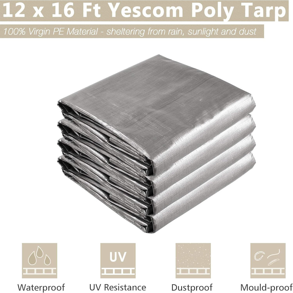 Yescom 12x16Ft 14 Mil Heavy Duty Reinforced Poly Tarp Reversible Waterproof Tarpaulin Ground Sheet Cover Reversible Silver Black Tarps