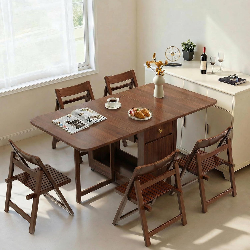 Drop Leaf Table and Chairs - 51" Fully Assembled Folding Dining Table 4-6 Seater with Storage and Lockable Wheels, Space-Saving Set with 4 Chairs for Kitchen or Dining Room (Walnut)