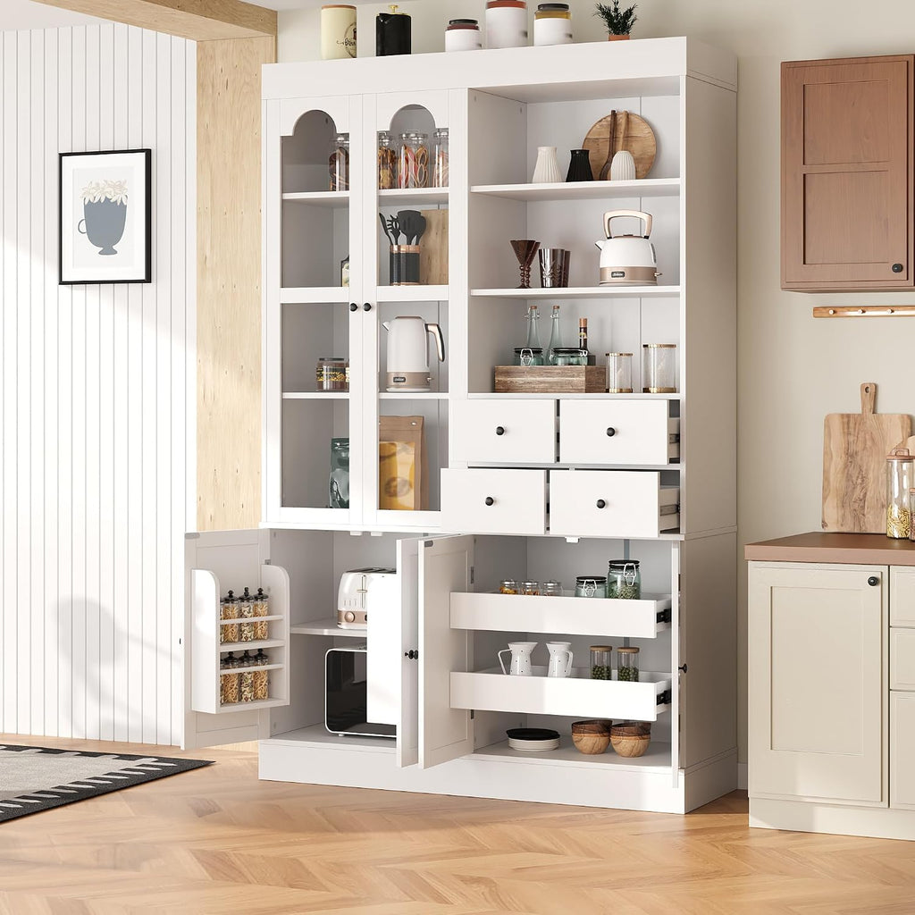 Virubi 75 Inch Tall Kitchen Pantry Storage Cabinet with Glass Doors, Freestanding Buffet with Hutch 4 Drawers&Built-in Door Shelves&Pull-Out Trays for Dining Room, Food Pantry for Living Room (White)