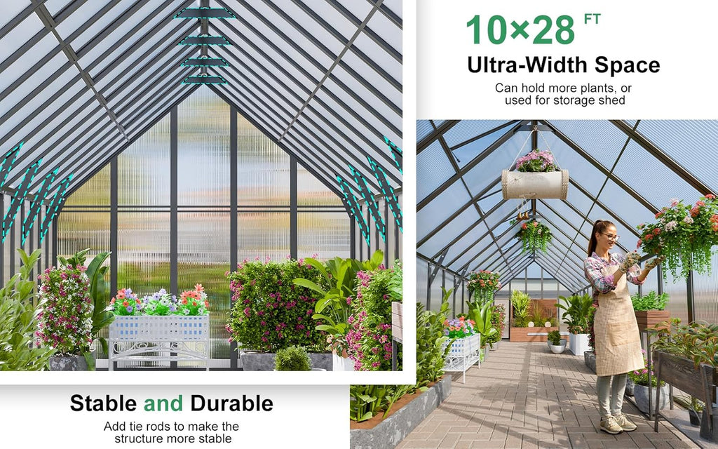 CDCASA 28x10x10 FT Greenhouse for Outdoors, Easy Assembly Large Thicker Aluminum Heavy Duty Polycarbonate Greenhouses Kit w/6 Windows, Outside Sunroom Walk-in Green House for Patio,Backyard