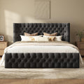 AMERLIFE Upholstered Queen Bed Frame with Wingback Headboard, Black Velvet