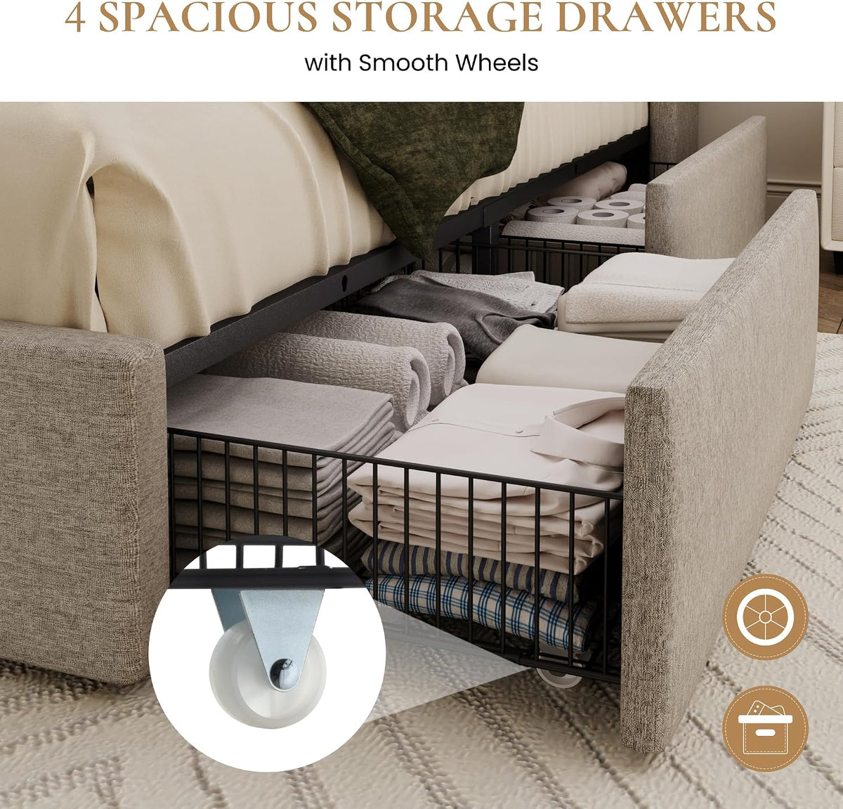 SHA CERLIN Queen Size Storage Bed Frame with 4 Oversized Drawers, Modern Wingback Headboard with Storage Shelf & Charging Station, No Box Spring Needed, Easy Assembly, Light Beige