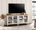 WAMPAT Farmhouse TV Stand for 75 inch TV with 4 Glass Doors, Wood TV Stand with 4 Storage Cabinets, White Entertainment Center TV Console Table for Living Room, Bedroom