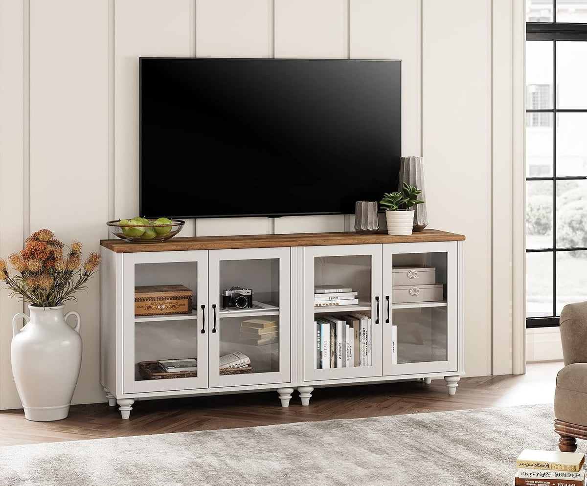 WAMPAT Farmhouse TV Stand for 75 inch TV with 4 Glass Doors, Wood TV Stand with 4 Storage Cabinets, White Entertainment Center TV Console Table for Living Room, Bedroom