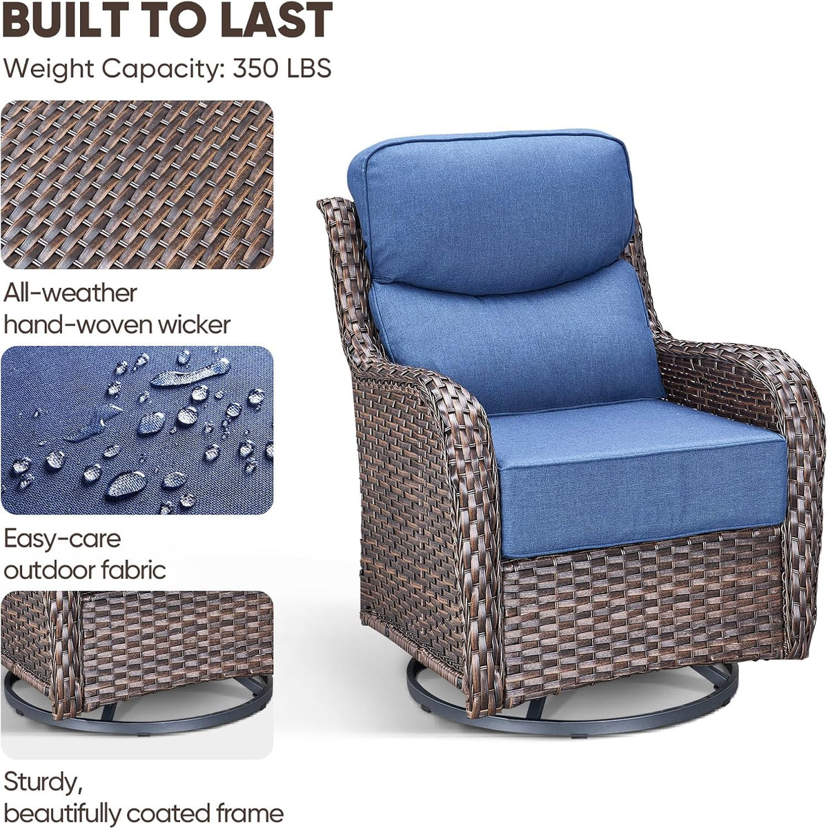 Swivel Patio Chairs sofa Set of 4 with 6" Thick Cushion - Wicker Outdoor Swivel Rocker Patio Chair ,Sofa/Glass coffee table, High Back Comfortable Outdoor Glider Chairs - Brown Wicker | Blue Cushions